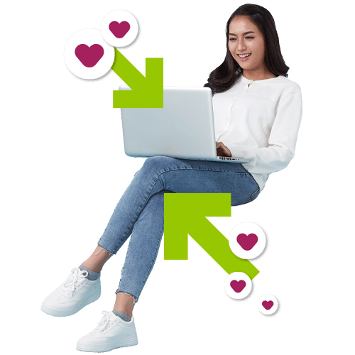 Woman floating looking at laptop with heart icons around